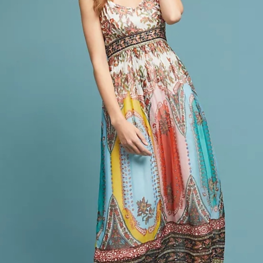 Anthropologie White Multicolor Paisley Spaghetti-Strap Maxi Dress - Picture 14 of 15